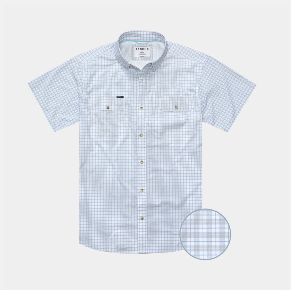 Poncho The Overcast Gray Blue Plaid Fishing Shirt Men's Large Slim Outdoor